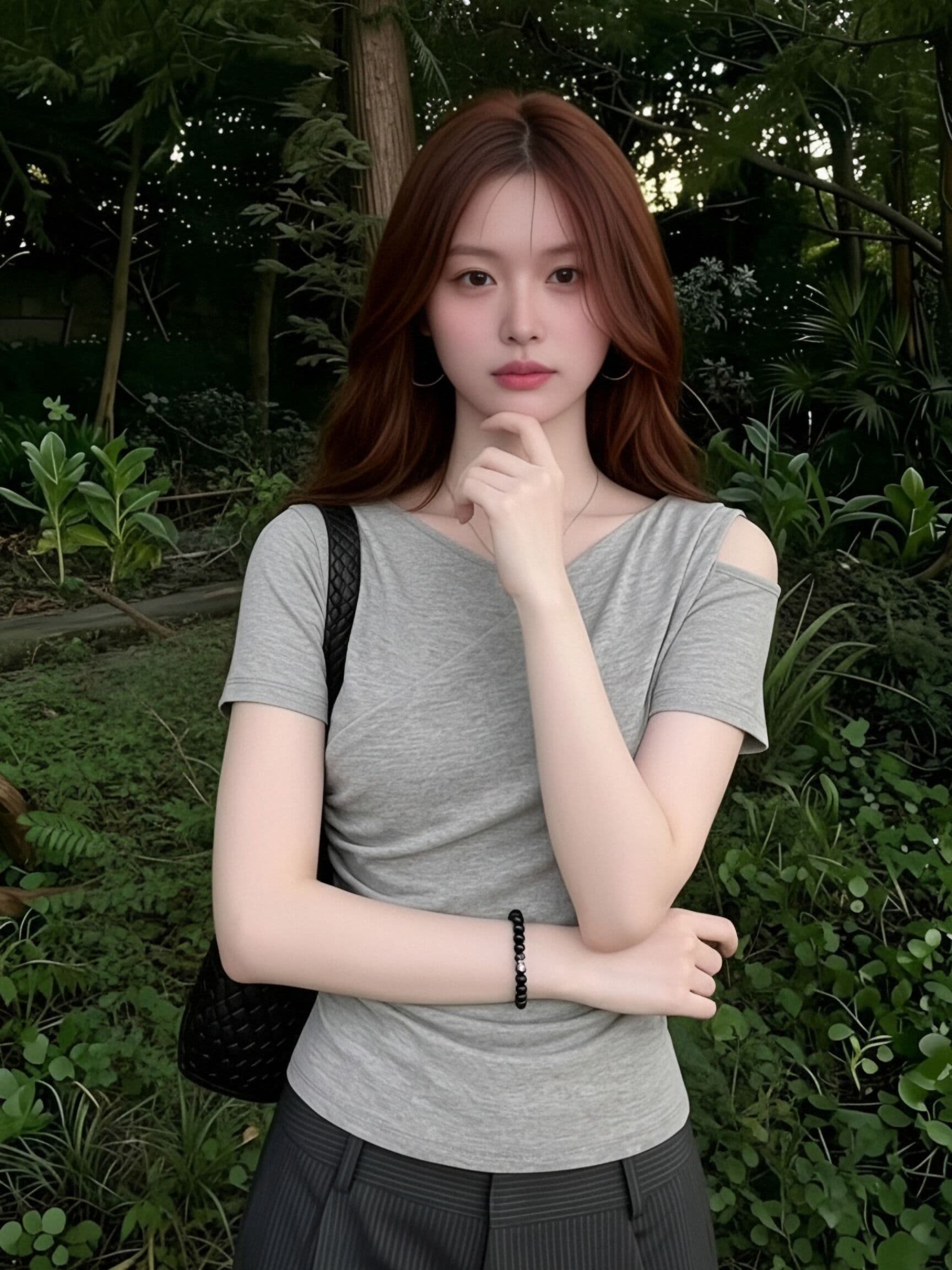 200그램 와 사고 방식 원본 이중층 것 회색 오프숄더 주름 허리 수축 반팔 티셔츠 여성 아름다운 맨위 상세 이미지 2