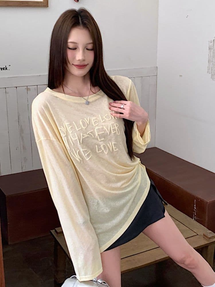 대나무 마디 리브 한국 여름 비스듬한 칼라 포밍 알파벳 느긋한 긴팔 티셔츠 태양 보호 셔츠 여성 루즈핏 오프숄더 맨위 이미지 3