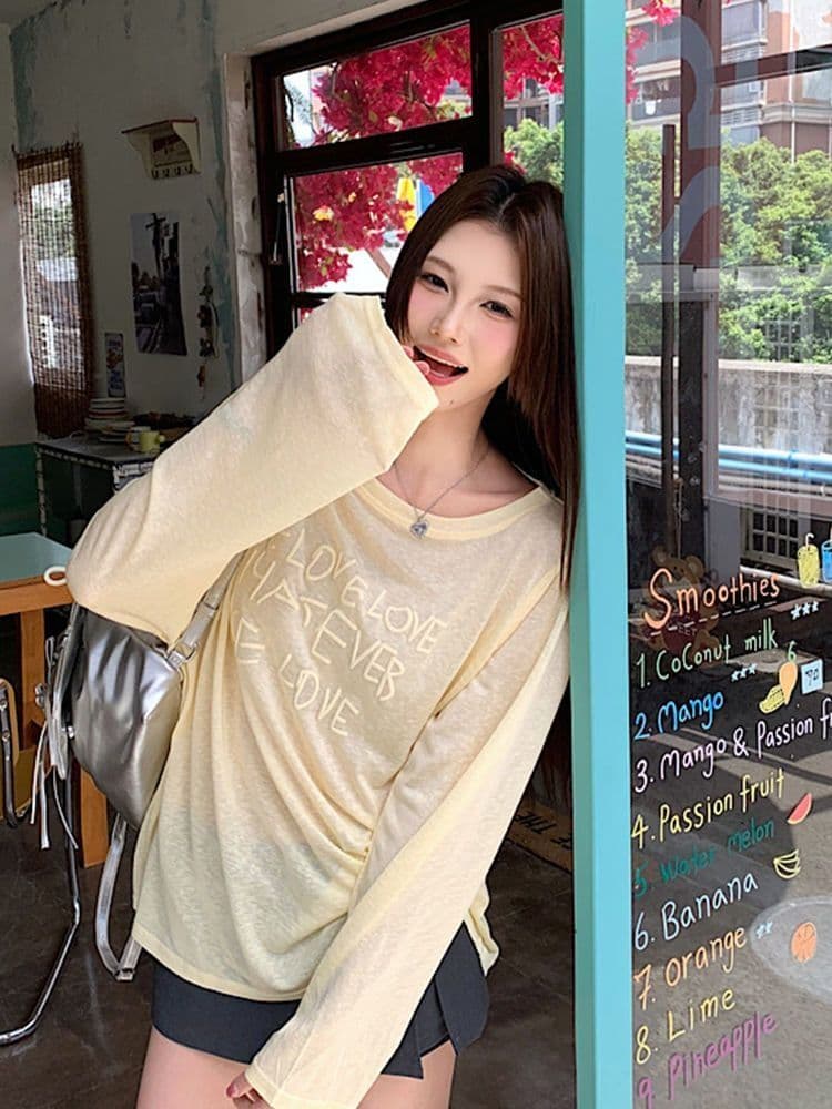 대나무 마디 리브 한국 여름 비스듬한 칼라 포밍 알파벳 느긋한 긴팔 티셔츠 태양 보호 셔츠 여성 루즈핏 오프숄더 맨위 이미지 2