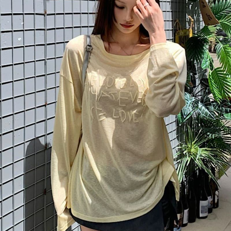 대나무 마디 리브 한국 여름 비스듬한 칼라 포밍 알파벳 느긋한 긴팔 티셔츠 태양 보호 셔츠 여성 루즈핏 오프숄더 맨위 이미지 5