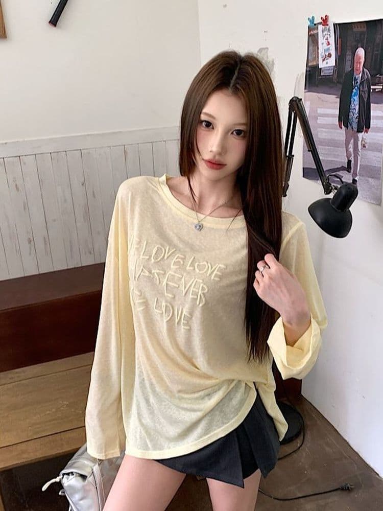 대나무 마디 리브 한국 여름 비스듬한 칼라 포밍 알파벳 느긋한 긴팔 티셔츠 태양 보호 셔츠 여성 루즈핏 오프숄더 맨위 상세 이미지 6
