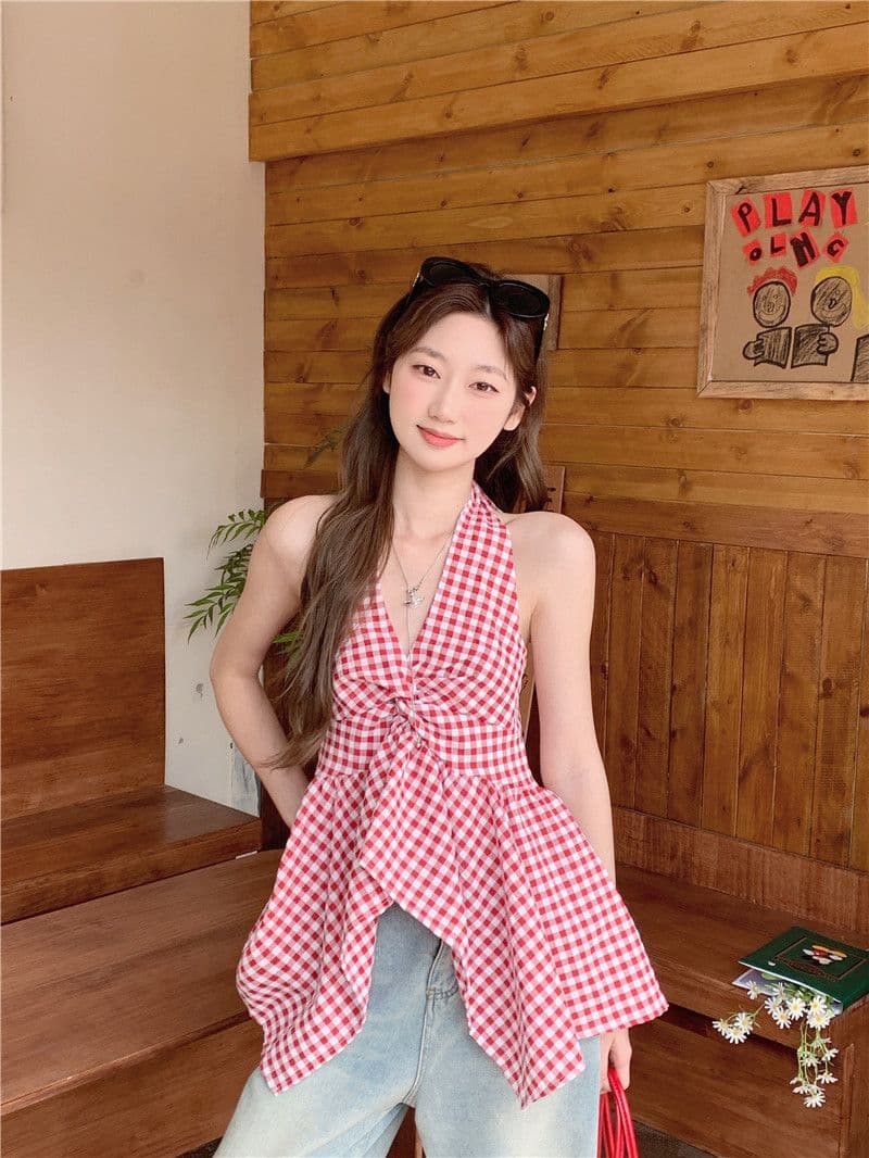 원본 원단 불규칙 배색 체크무늬 튜브탑 조끼 핫걸 바람 외출용 섹시함 민소매 맨위 상세 이미지 2