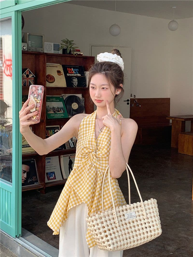 원본 원단 불규칙 배색 체크무늬 튜브탑 조끼 핫걸 바람 외출용 섹시함 민소매 맨위 상세 이미지 12