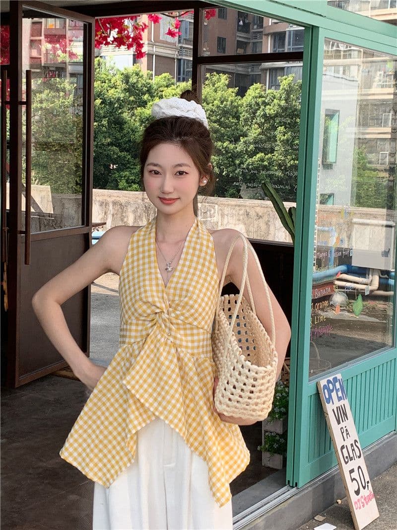 원본 원단 불규칙 배색 체크무늬 튜브탑 조끼 핫걸 바람 외출용 섹시함 민소매 맨위 상세 이미지 13