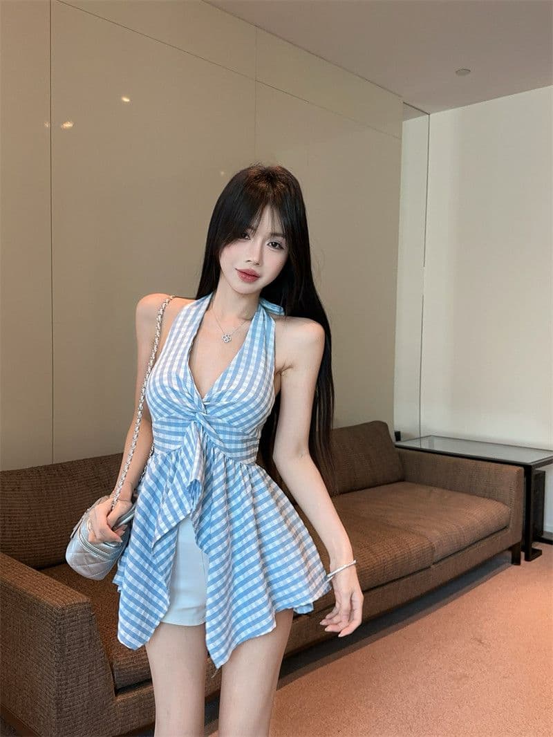원본 원단 불규칙 배색 체크무늬 튜브탑 조끼 핫걸 바람 외출용 섹시함 민소매 맨위 상세 이미지 29