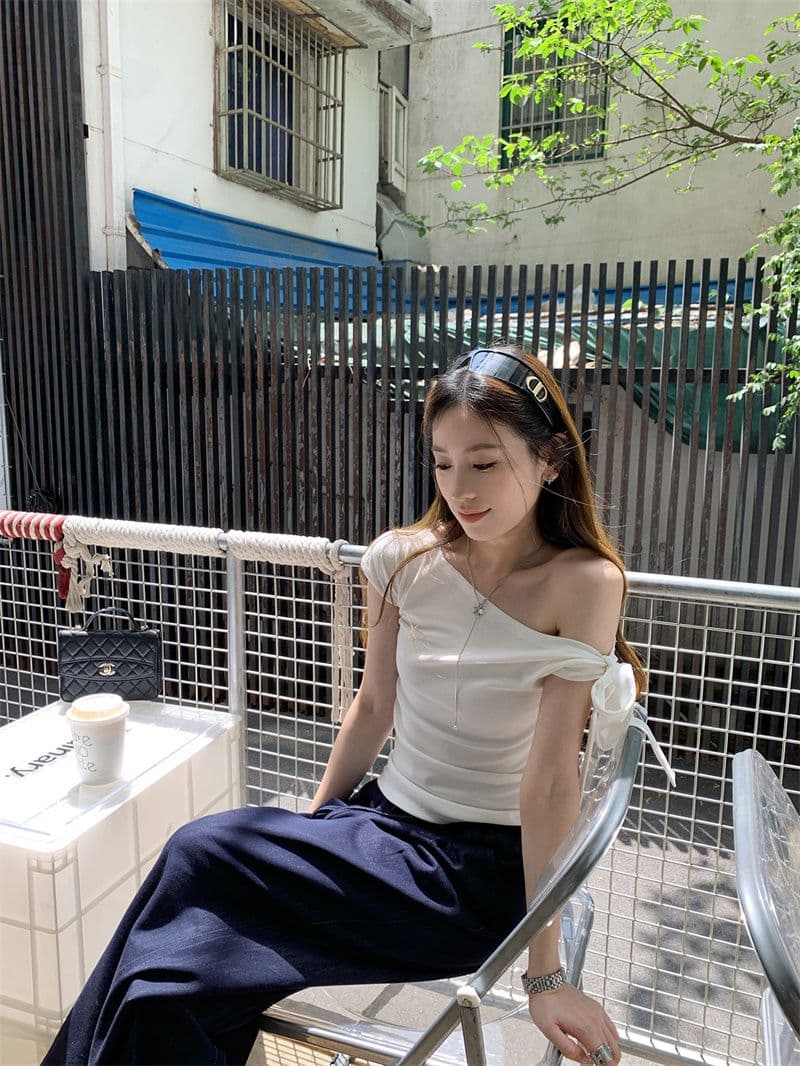 260 그램 1 1 인 면 일방적 인 스트랩 비스듬한 어깨 반팔 티셔츠 디자인 센스 몸매 가꾸기 품격 쇼트 스타일 맨위 상세 이미지 7