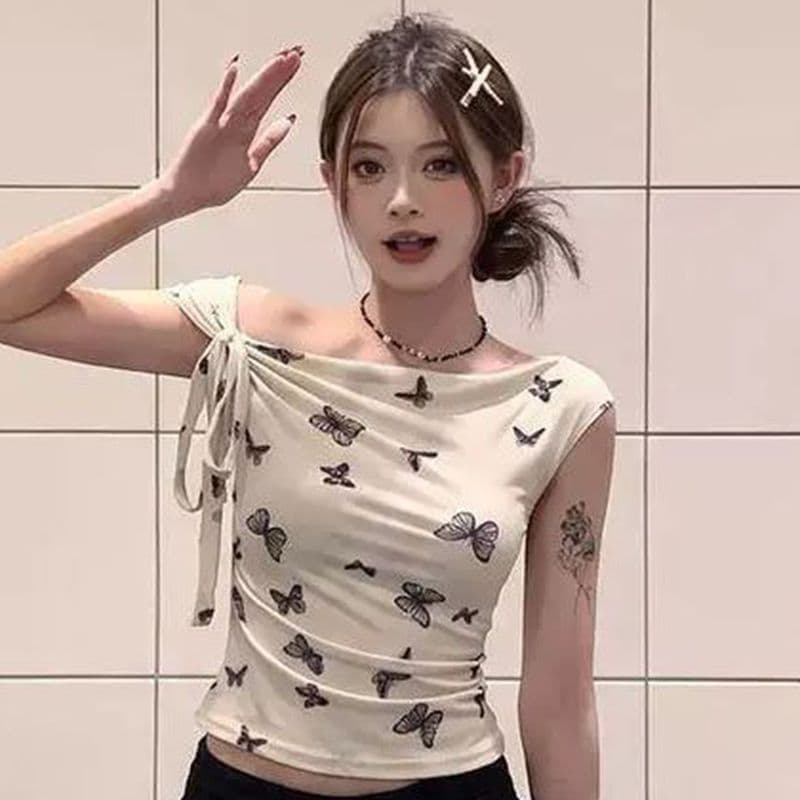 순수한 욕망 달콤한 핫걸 섹시함 오프숄더 행침 목 작은 맨위 여성 여름 Chic 아름다운 나비 오프숄더 반팔 티셔츠 상세 이미지 5