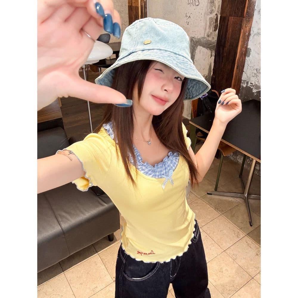 1 1 인 면 260 켄 황색 체크무늬 패치워크 반팔 티셔츠 여성 프릴 몸매 가꾸기 맨위 이미지 3