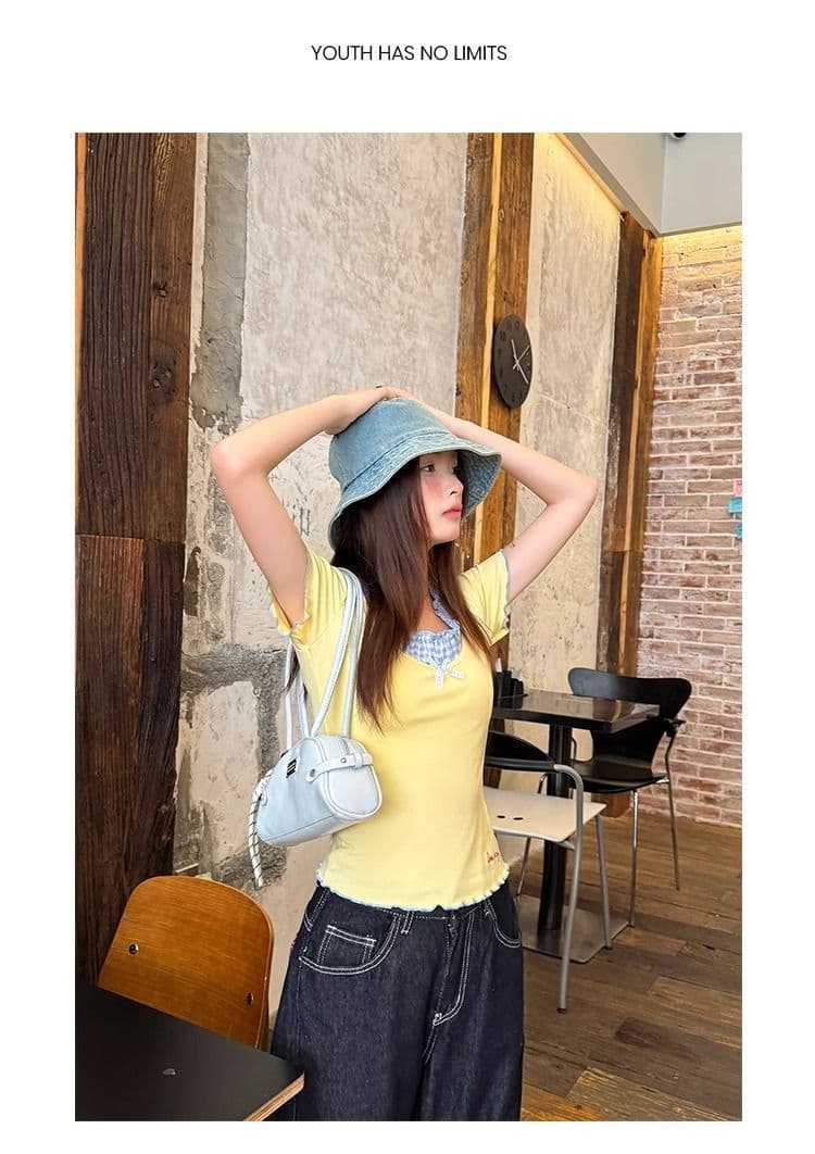 1 1 인 면 260 켄 황색 체크무늬 패치워크 반팔 티셔츠 여성 프릴 몸매 가꾸기 맨위 상세 이미지 5