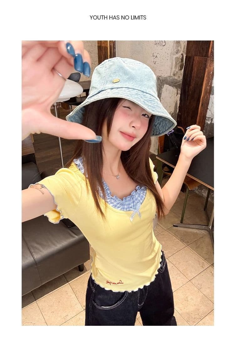 1 1 인 면 260 켄 황색 체크무늬 패치워크 반팔 티셔츠 여성 프릴 몸매 가꾸기 맨위 상세 이미지 6