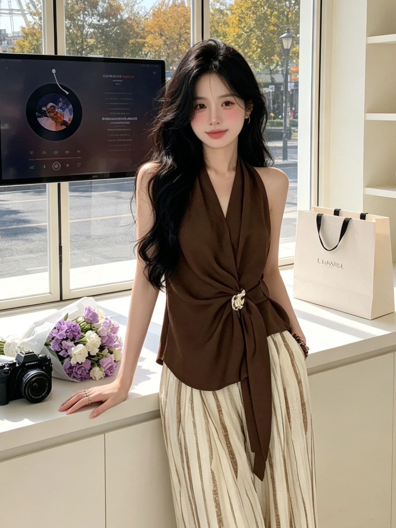 품격 행침 목 조끼 맨위 여성 여름 레트로 커피 색상 몸매 가꾸기 슬림해 보이는 디자인 센스 작은 대중 민소매 슬립 이미지 4
