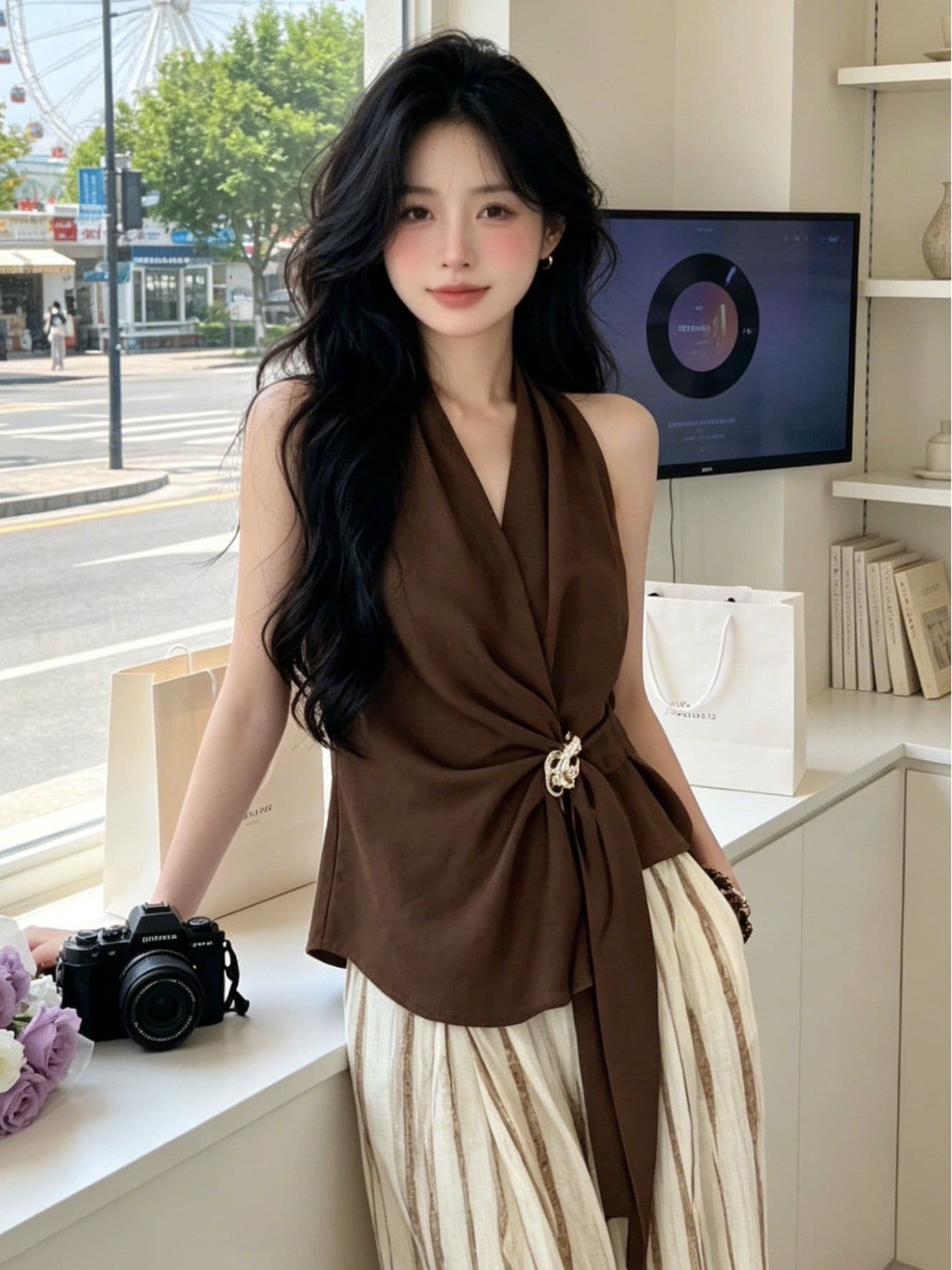 품격 행침 목 조끼 맨위 여성 여름 레트로 커피 색상 몸매 가꾸기 슬림해 보이는 디자인 센스 작은 대중 민소매 슬립 상세 이미지 1