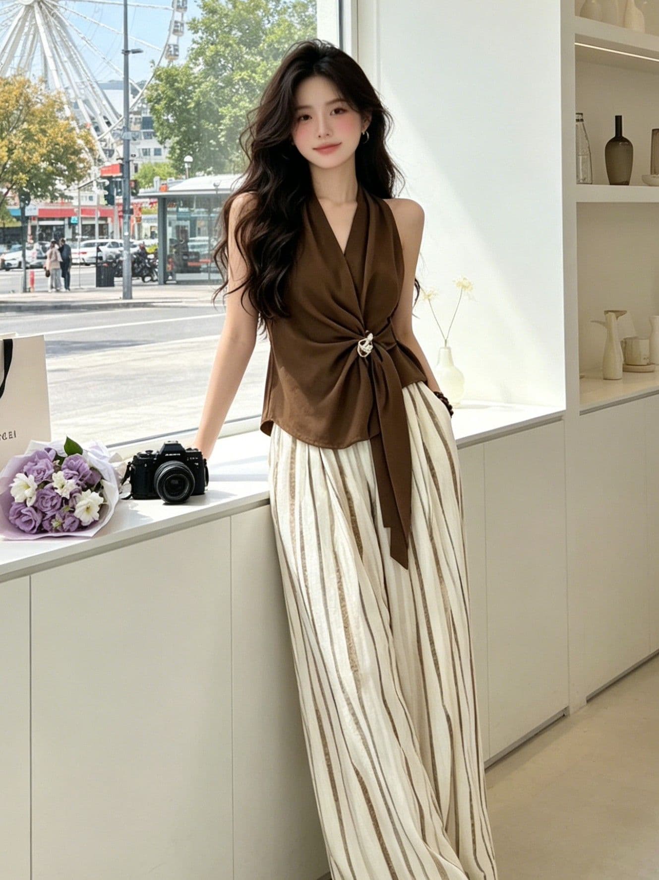 품격 행침 목 조끼 맨위 여성 여름 레트로 커피 색상 몸매 가꾸기 슬림해 보이는 디자인 센스 작은 대중 민소매 슬립 상세 이미지 4