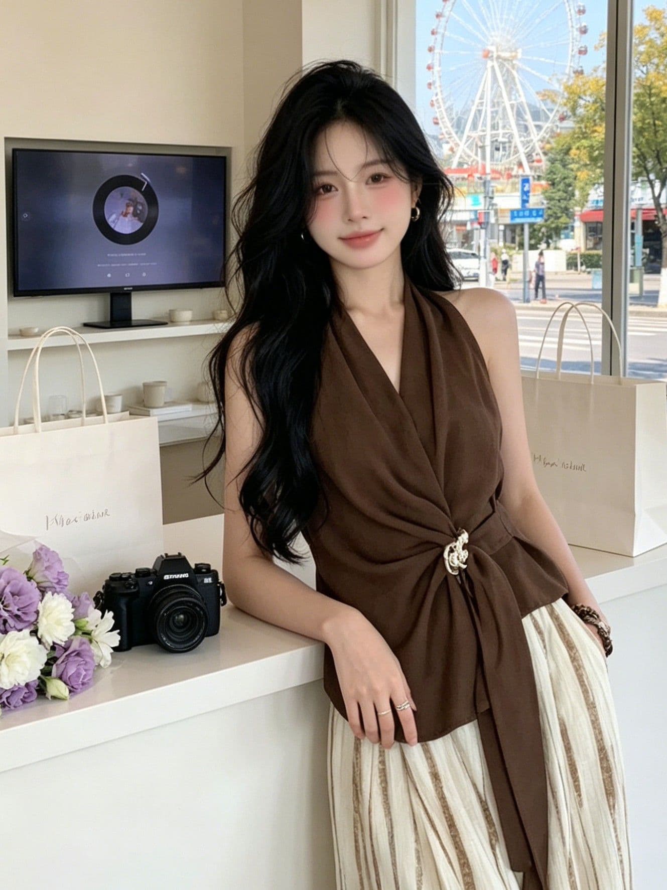품격 행침 목 조끼 맨위 여성 여름 레트로 커피 색상 몸매 가꾸기 슬림해 보이는 디자인 센스 작은 대중 민소매 슬립 상세 이미지 5