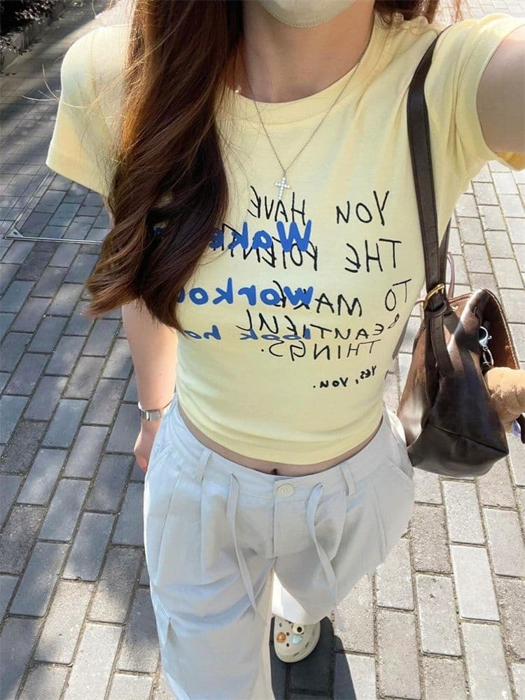 원본 원단 도파민 수채화 낙서 프린트 긍정적 인 어깨 반팔 티셔츠 여성 여름 핫걸 몸매 가꾸기 쇼트 스타일 맨위 상세 이미지 1