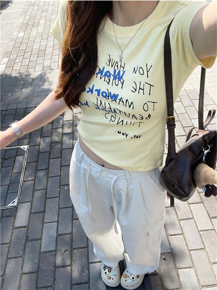 원본 원단 도파민 수채화 낙서 프린트 긍정적 인 어깨 반팔 티셔츠 여성 여름 핫걸 몸매 가꾸기 쇼트 스타일 맨위 상세 이미지 3