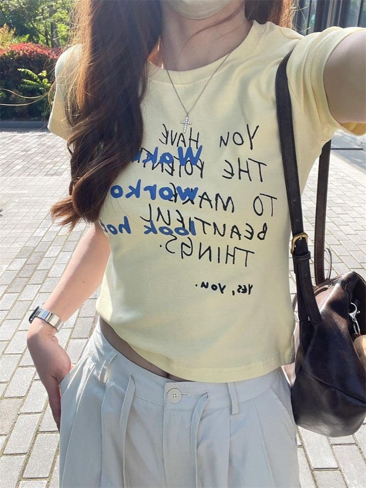 원본 원단 도파민 수채화 낙서 프린트 긍정적 인 어깨 반팔 티셔츠 여성 여름 핫걸 몸매 가꾸기 쇼트 스타일 맨위 상세 이미지 4