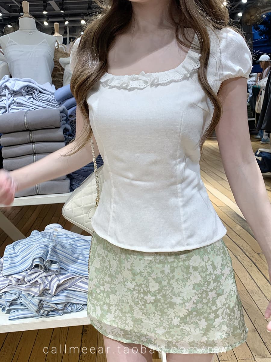 모래 면 평직 달콤한 스타일 레이스 반팔 여성 셔츠 여름 새로운 한 부서 디자인 센스 허리 수축 디스플레이 얇고 작은 맨위 상세 이미지 6