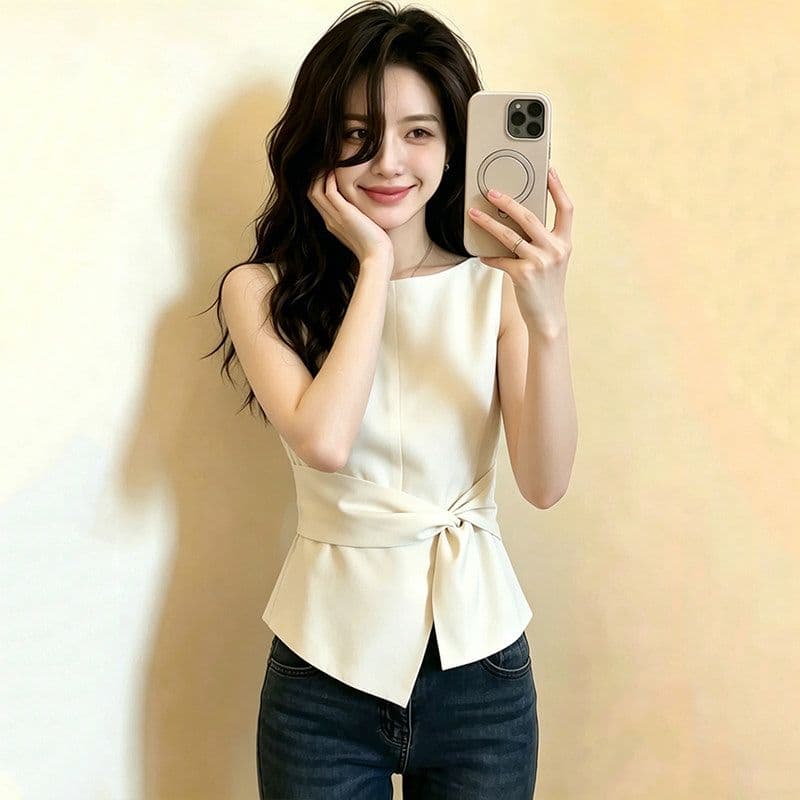 고급 센스 주름 라운드 넥 민소매 조끼 여성 셔츠 2026 새로운 여름 허리 수축 슬림해 보이는 캐주얼 맨위 이미지 3