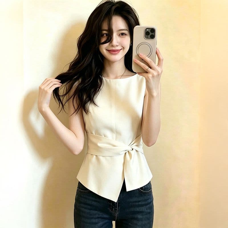 고급 센스 주름 라운드 넥 민소매 조끼 여성 셔츠 2026 새로운 여름 허리 수축 슬림해 보이는 캐주얼 맨위 이미지 4