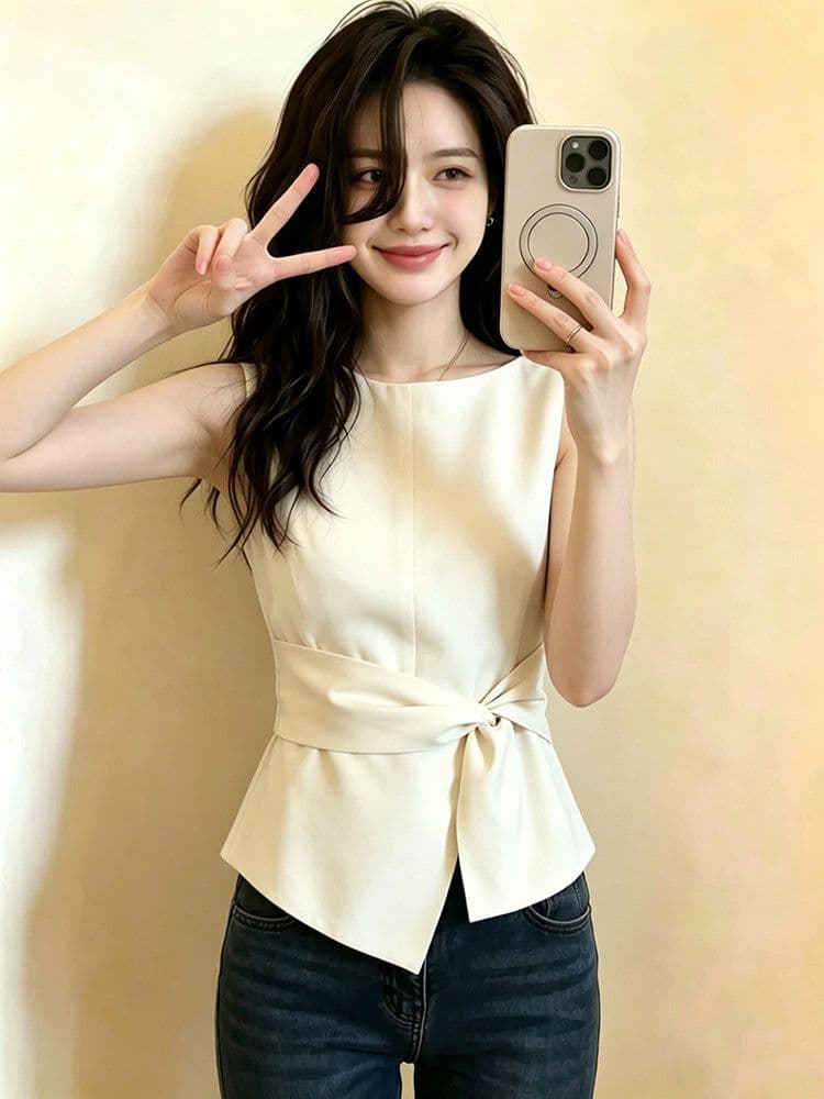 고급 센스 주름 라운드 넥 민소매 조끼 여성 셔츠 2026 새로운 여름 허리 수축 슬림해 보이는 캐주얼 맨위 상세 이미지 2