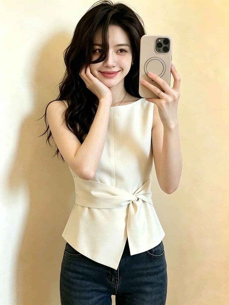 고급 센스 주름 라운드 넥 민소매 조끼 여성 셔츠 2026 새로운 여름 허리 수축 슬림해 보이는 캐주얼 맨위 상세 이미지 3