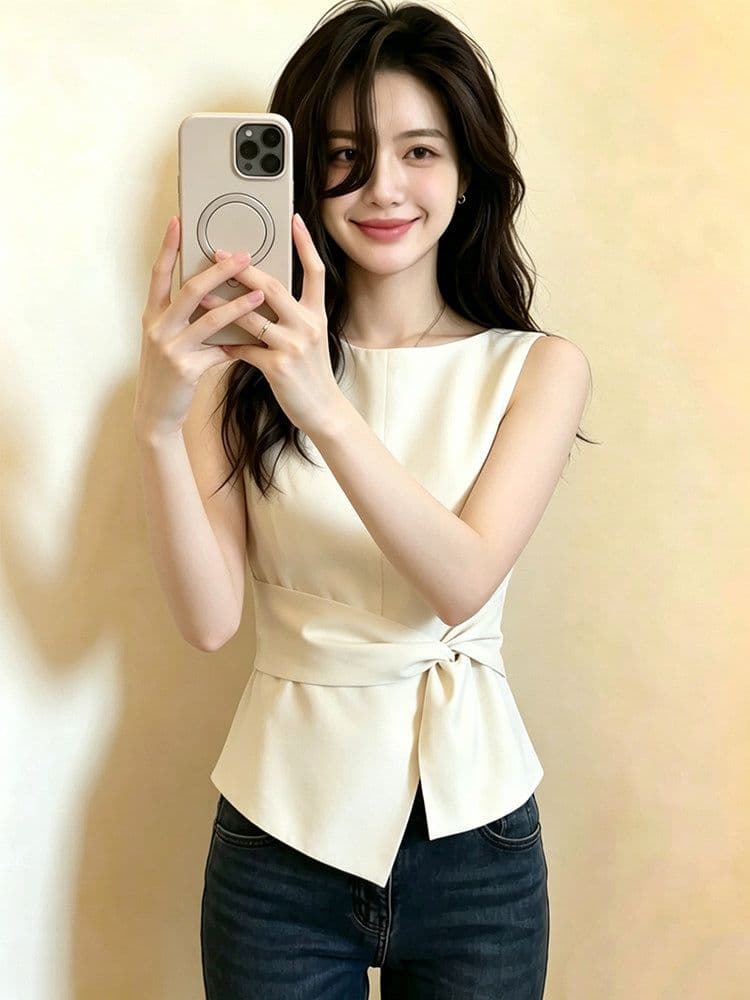 고급 센스 주름 라운드 넥 민소매 조끼 여성 셔츠 2026 새로운 여름 허리 수축 슬림해 보이는 캐주얼 맨위 상세 이미지 5