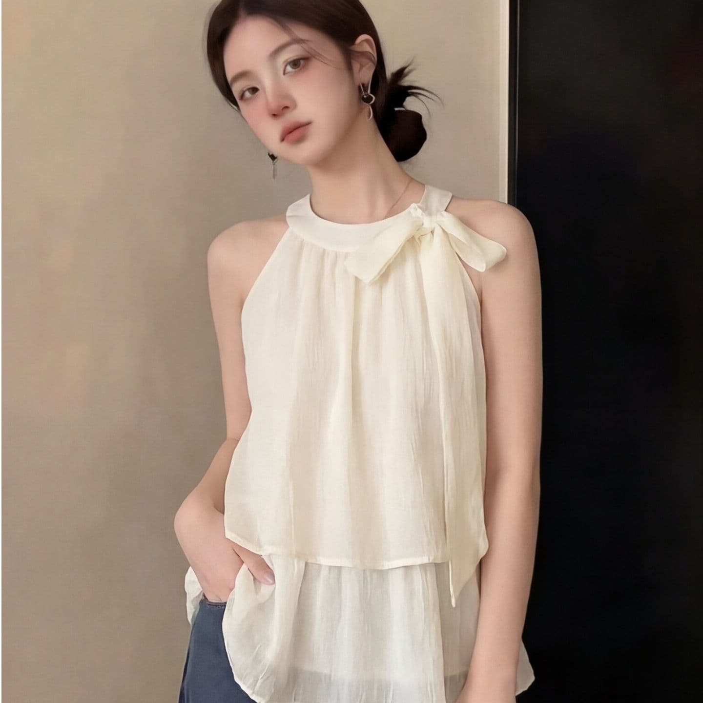 부드러운 바람 민소매 리본 행침 목 조끼 시폰 셔츠 여성 여름 청 순수한 시스템 착용 가져 가라. 느슨함 센스 맨위