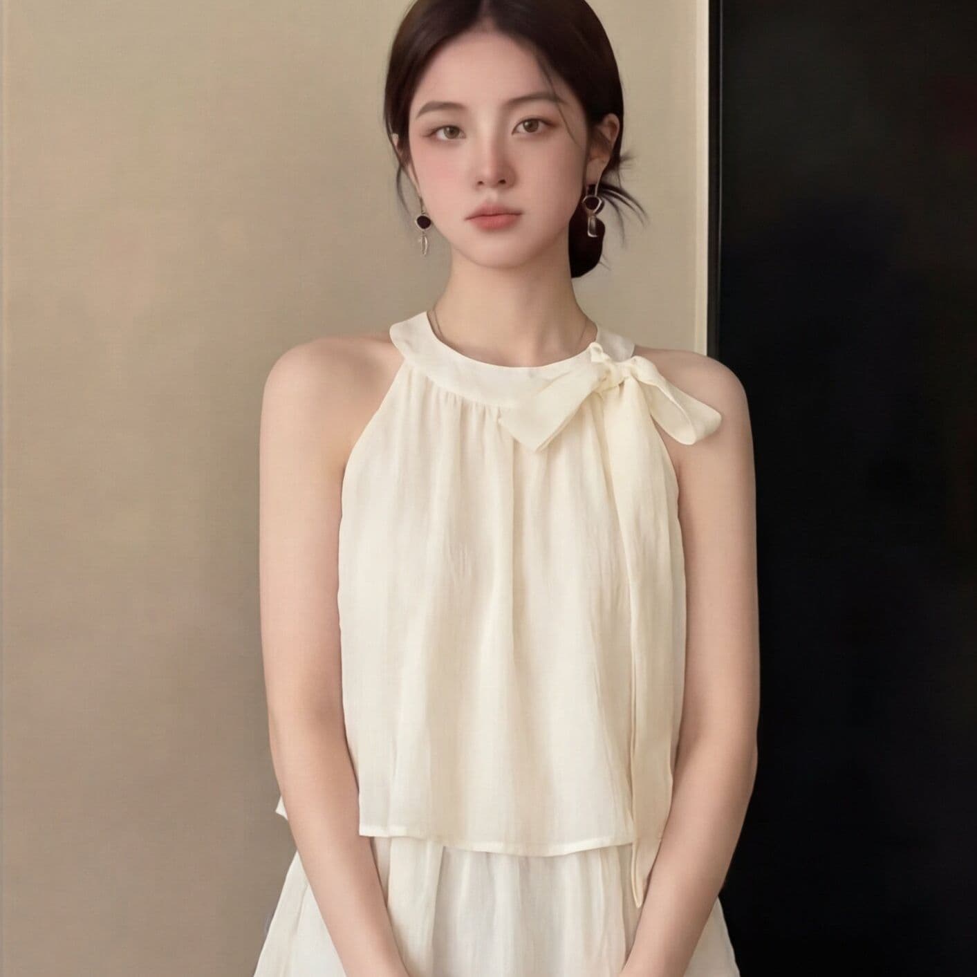 부드러운 바람 민소매 리본 행침 목 조끼 시폰 셔츠 여성 여름 청 순수한 시스템 착용 가져 가라. 느슨함 센스 맨위 이미지 5