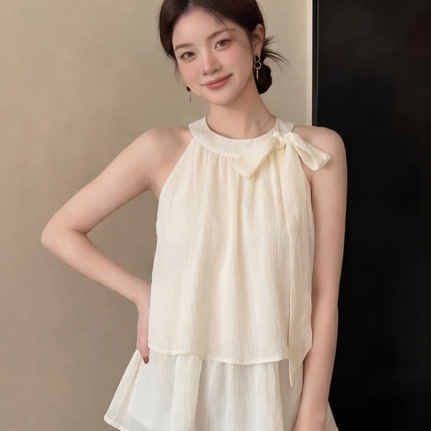 부드러운 바람 민소매 리본 행침 목 조끼 시폰 셔츠 여성 여름 청 순수한 시스템 착용 가져 가라. 느슨함 센스 맨위 이미지 3