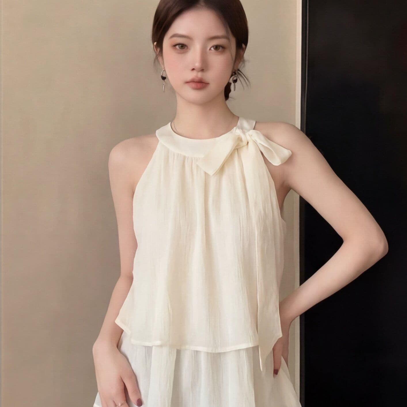 부드러운 바람 민소매 리본 행침 목 조끼 시폰 셔츠 여성 여름 청 순수한 시스템 착용 가져 가라. 느슨함 센스 맨위 이미지 4
