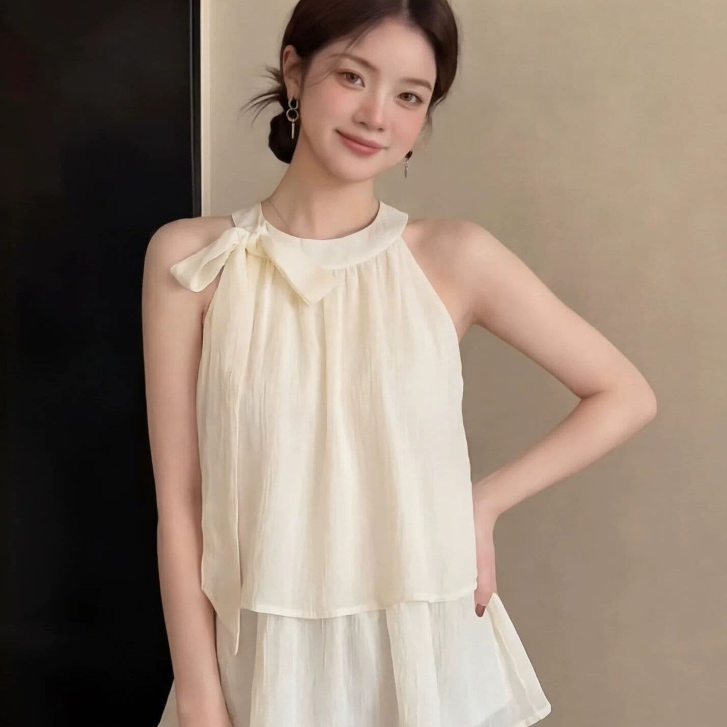 부드러운 바람 민소매 리본 행침 목 조끼 시폰 셔츠 여성 여름 청 순수한 시스템 착용 가져 가라. 느슨함 센스 맨위 이미지 2