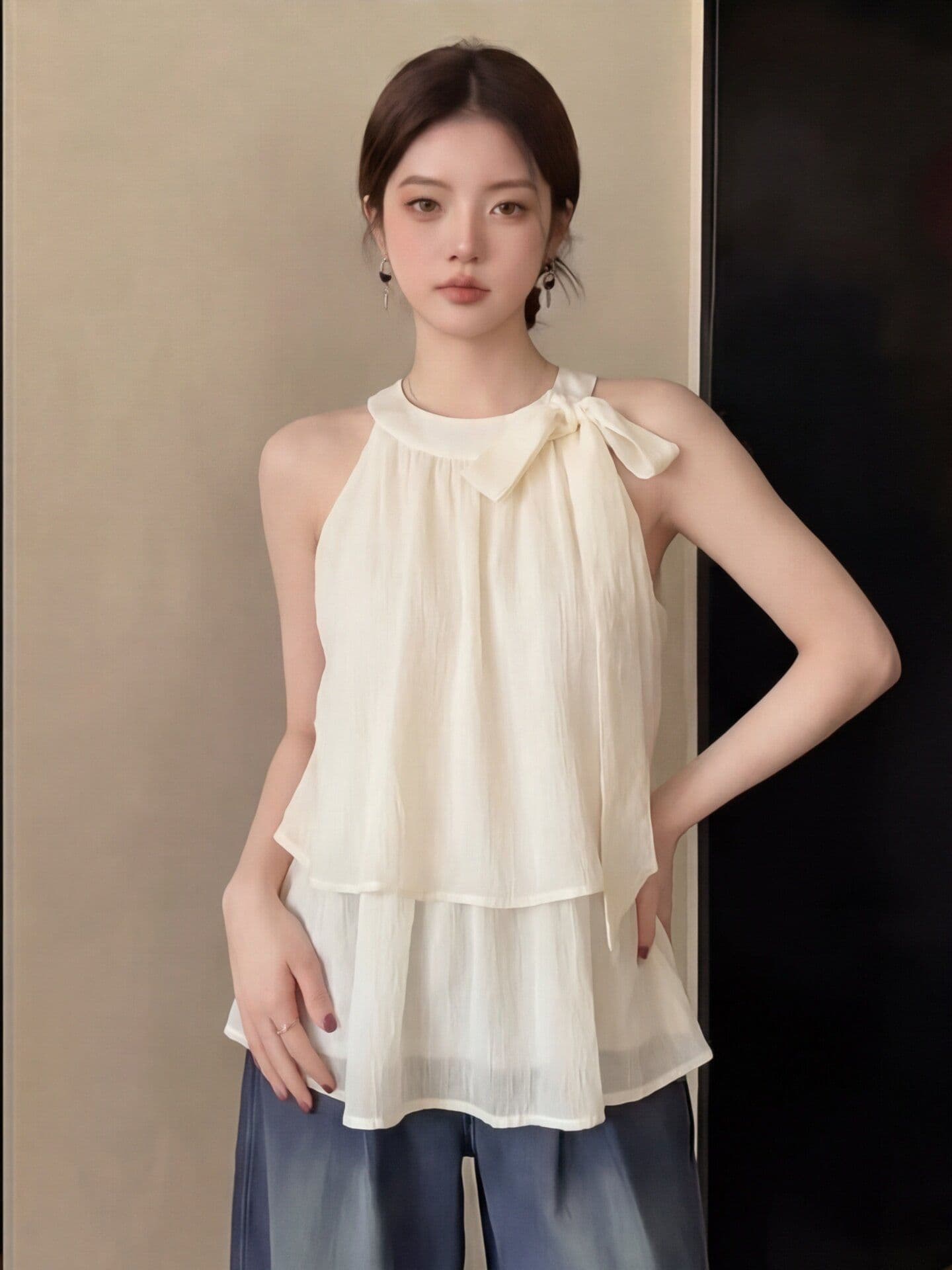 부드러운 바람 민소매 리본 행침 목 조끼 시폰 셔츠 여성 여름 청 순수한 시스템 착용 가져 가라. 느슨함 센스 맨위 상세 이미지 1