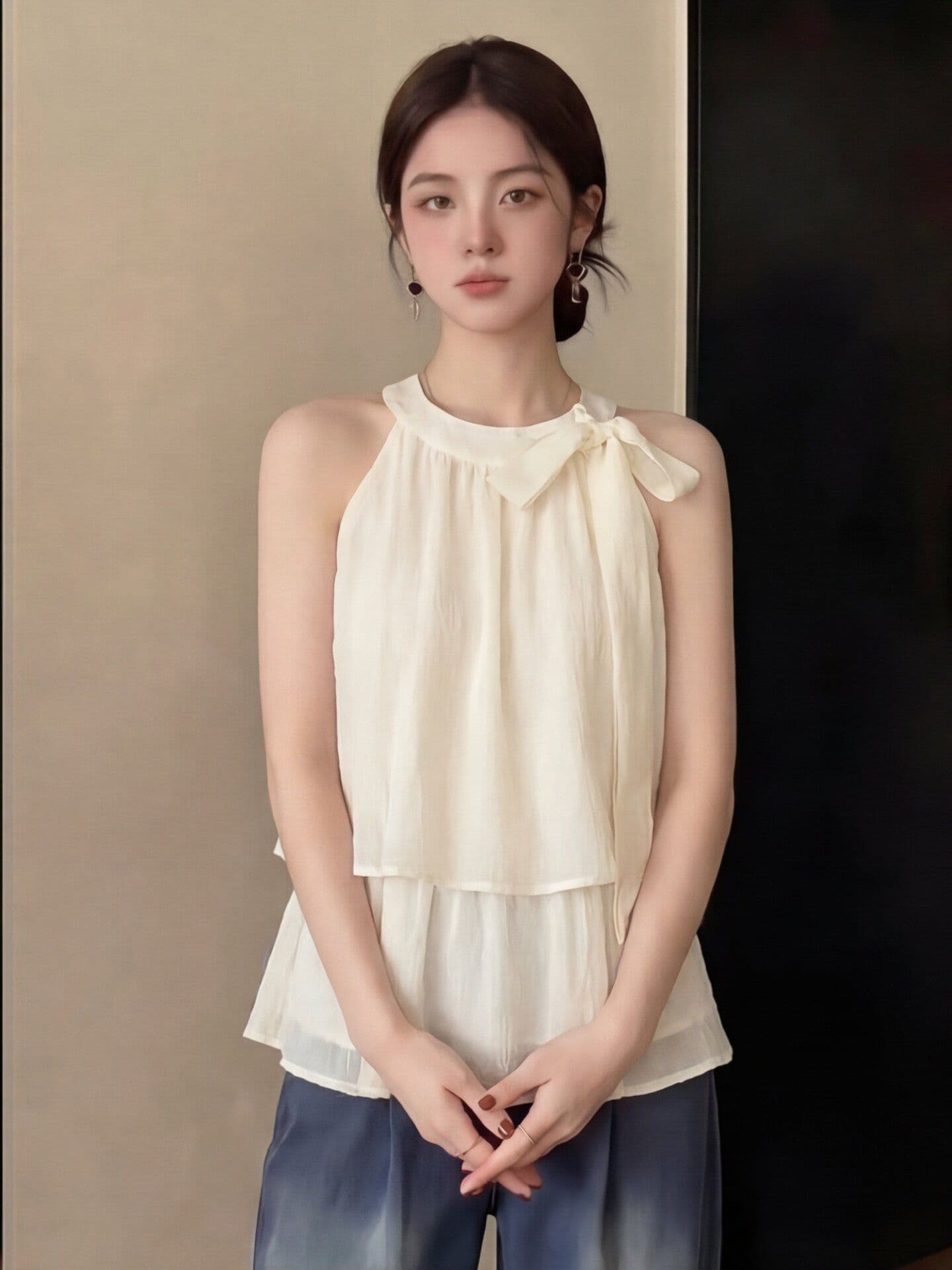 부드러운 바람 민소매 리본 행침 목 조끼 시폰 셔츠 여성 여름 청 순수한 시스템 착용 가져 가라. 느슨함 센스 맨위 상세 이미지 3
