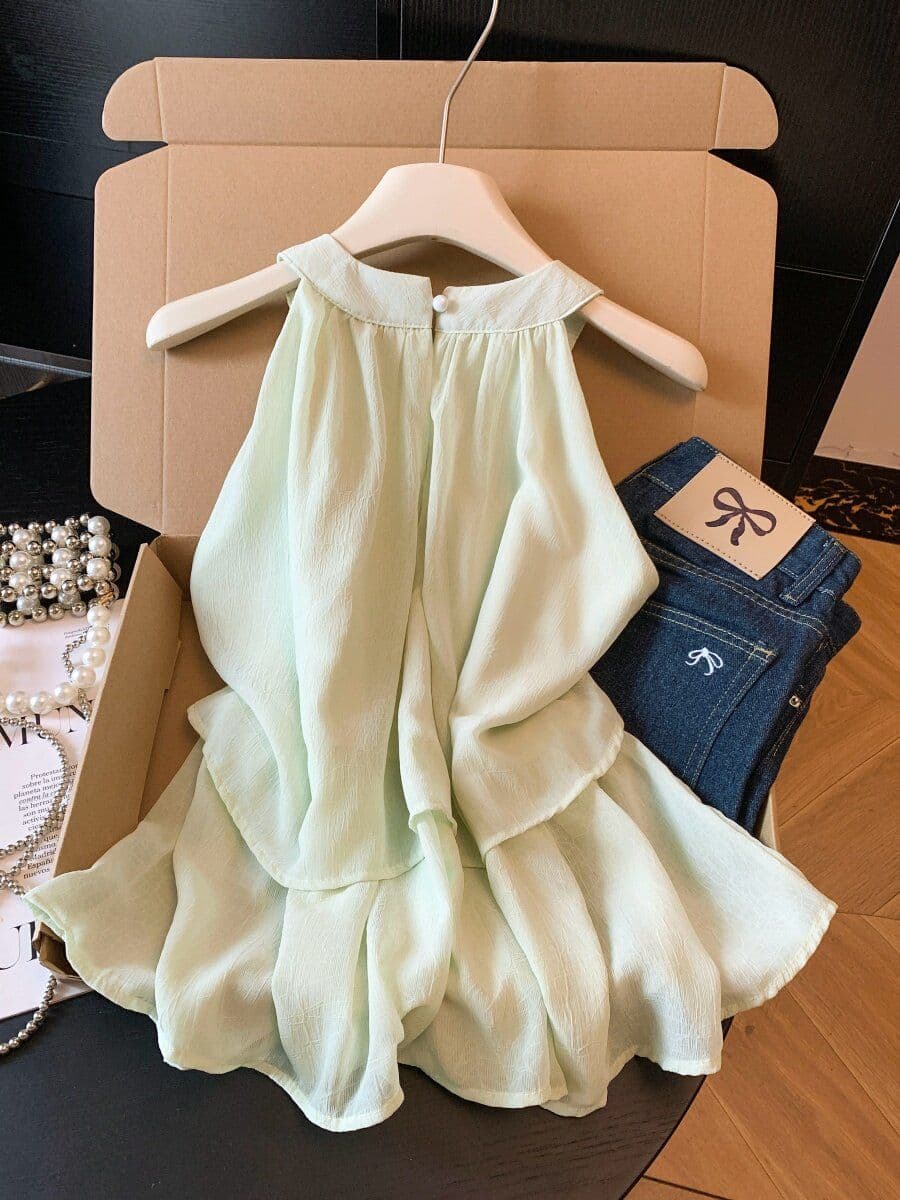 부드러운 바람 민소매 리본 행침 목 조끼 시폰 셔츠 여성 여름 청 순수한 시스템 착용 가져 가라. 느슨함 센스 맨위 상세 이미지 11