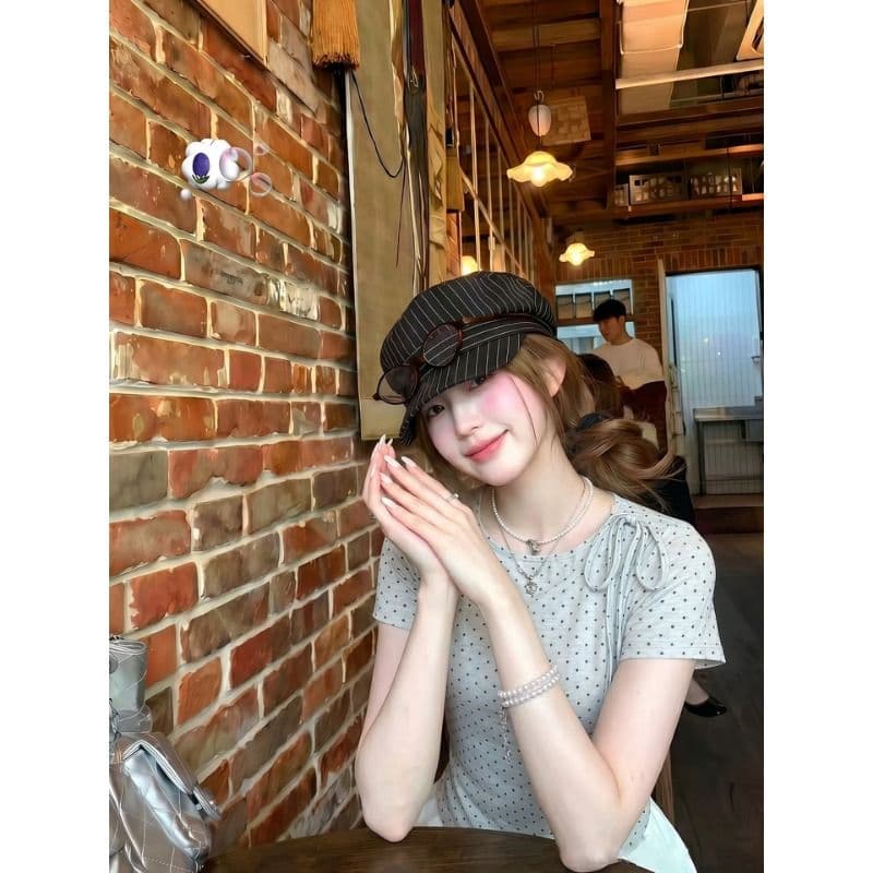 원본 것 회색 도트 무늬 반팔 티셔츠 여성 여름 라운드 넥 캐주얼 패션 스트랩 한 첨부 된 의류 이미지 3