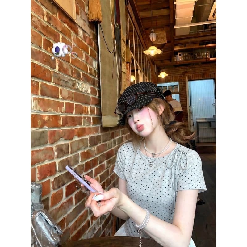 원본 것 회색 도트 무늬 반팔 티셔츠 여성 여름 라운드 넥 캐주얼 패션 스트랩 한 첨부 된 의류