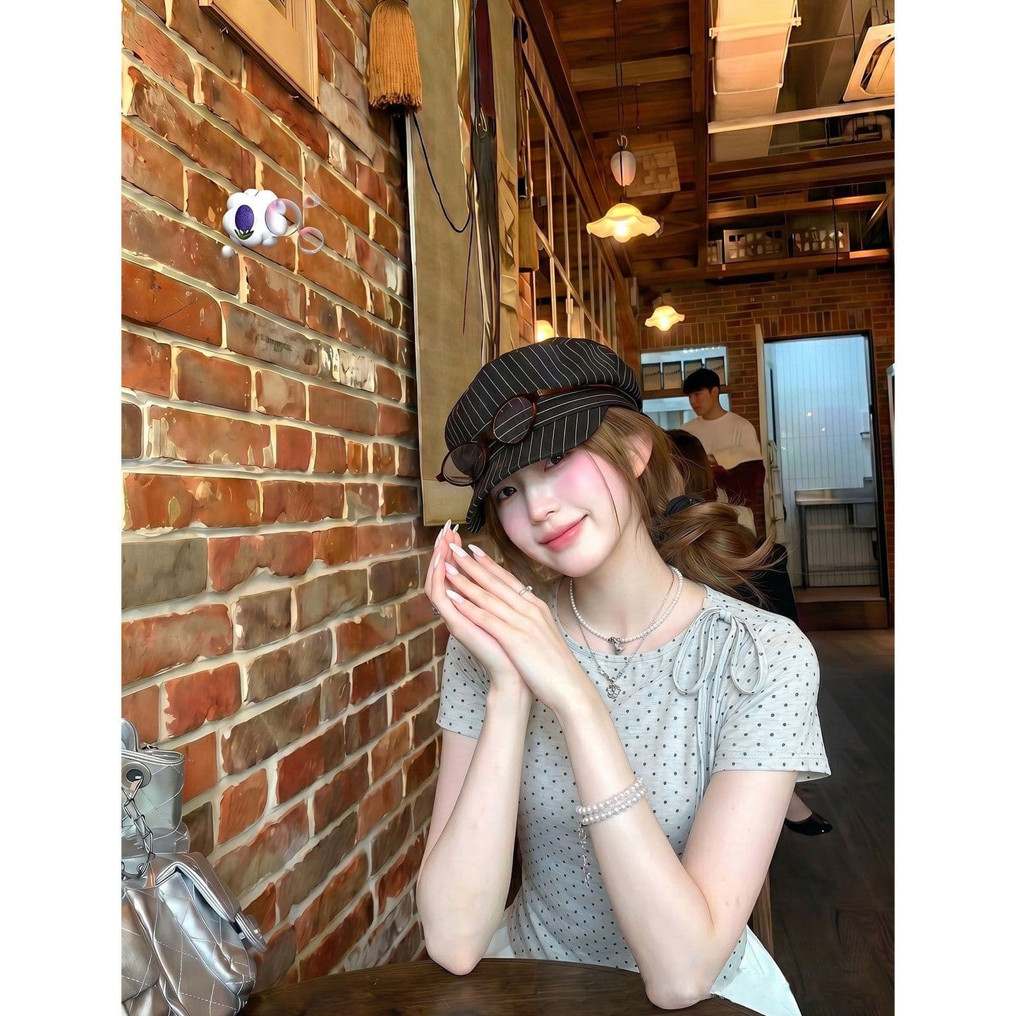 원본 것 회색 도트 무늬 반팔 티셔츠 여성 여름 라운드 넥 캐주얼 패션 스트랩 한 첨부 된 의류 이미지 4