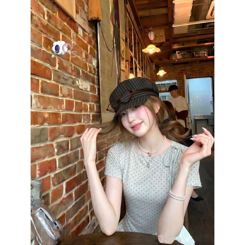 원본 것 회색 도트 무늬 반팔 티셔츠 여성 여름 라운드 넥 캐주얼 패션 스트랩 한 첨부 된 의류 이미지 2