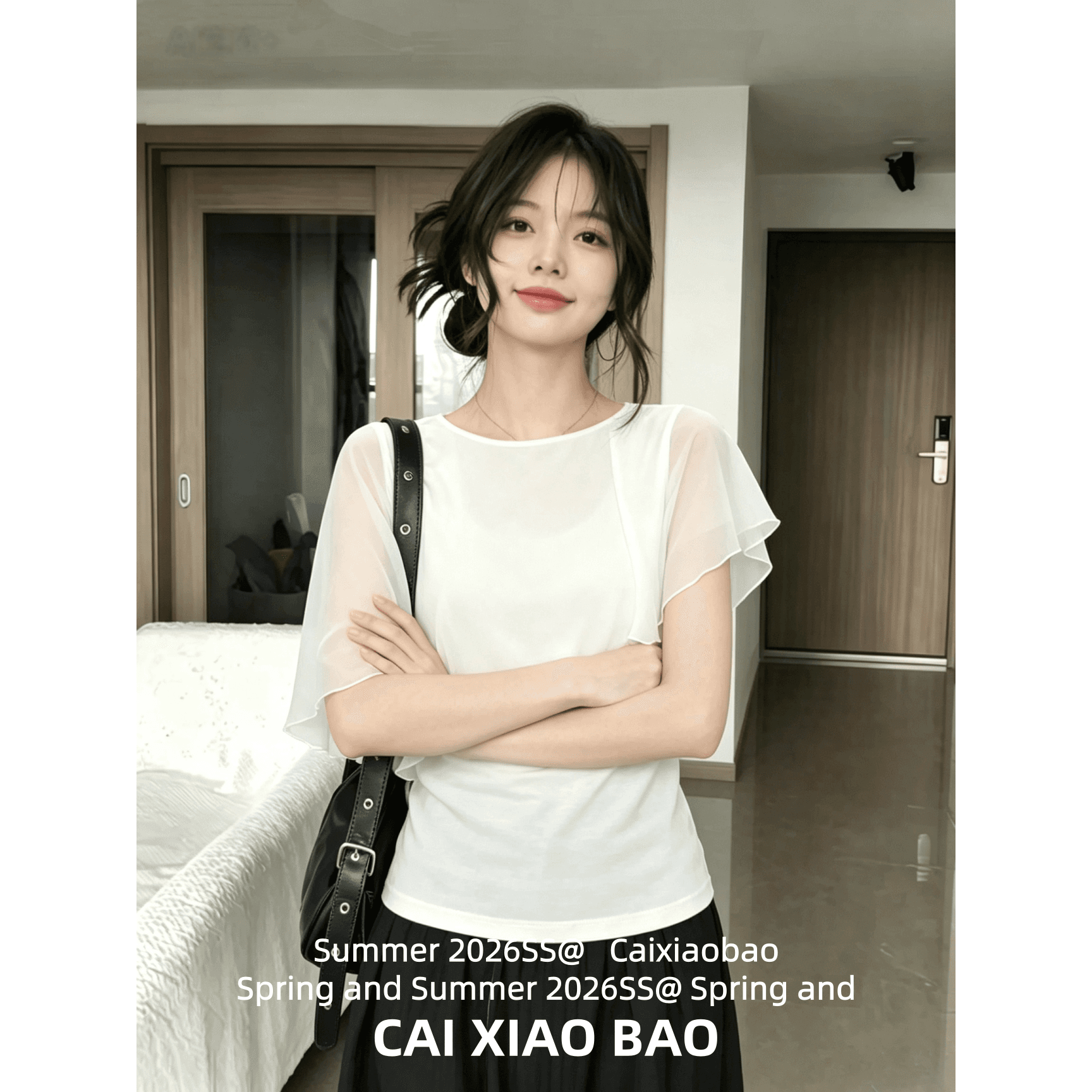 휴가 바람 비스듬한 어깨 품격 데이트 망토 쉬폰 반팔 맨위 여성 여름 불규칙 화이트 반팔 티셔츠 이미지 4
