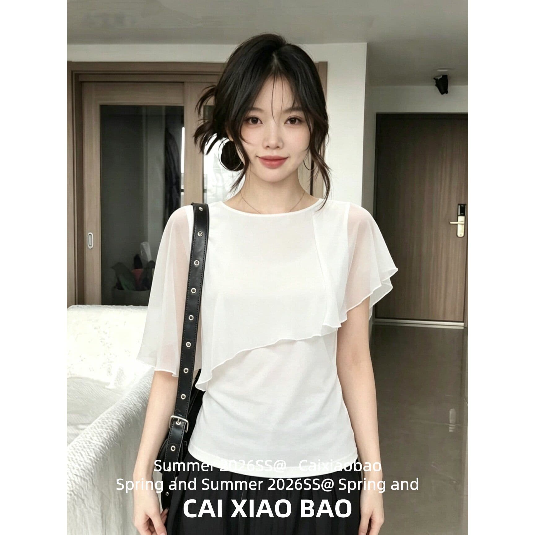 휴가 바람 비스듬한 어깨 품격 데이트 망토 쉬폰 반팔 맨위 여성 여름 불규칙 화이트 반팔 티셔츠