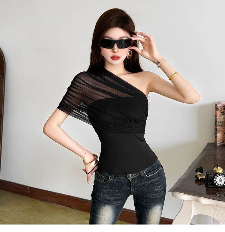 비스듬한 어깨 의류 여성 빛 요리 한 바람 품격 출퇴근 망사 패치워크 디자인 센스 작은 셔츠 트렌디 상세 이미지 2