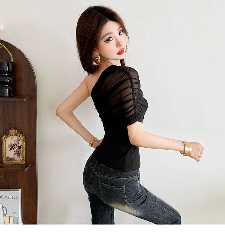 비스듬한 어깨 의류 여성 빛 요리 한 바람 품격 출퇴근 망사 패치워크 디자인 센스 작은 셔츠 트렌디 상세 이미지 6