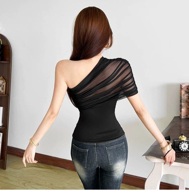 비스듬한 어깨 의류 여성 빛 요리 한 바람 품격 출퇴근 망사 패치워크 디자인 센스 작은 셔츠 트렌디 상세 이미지 7