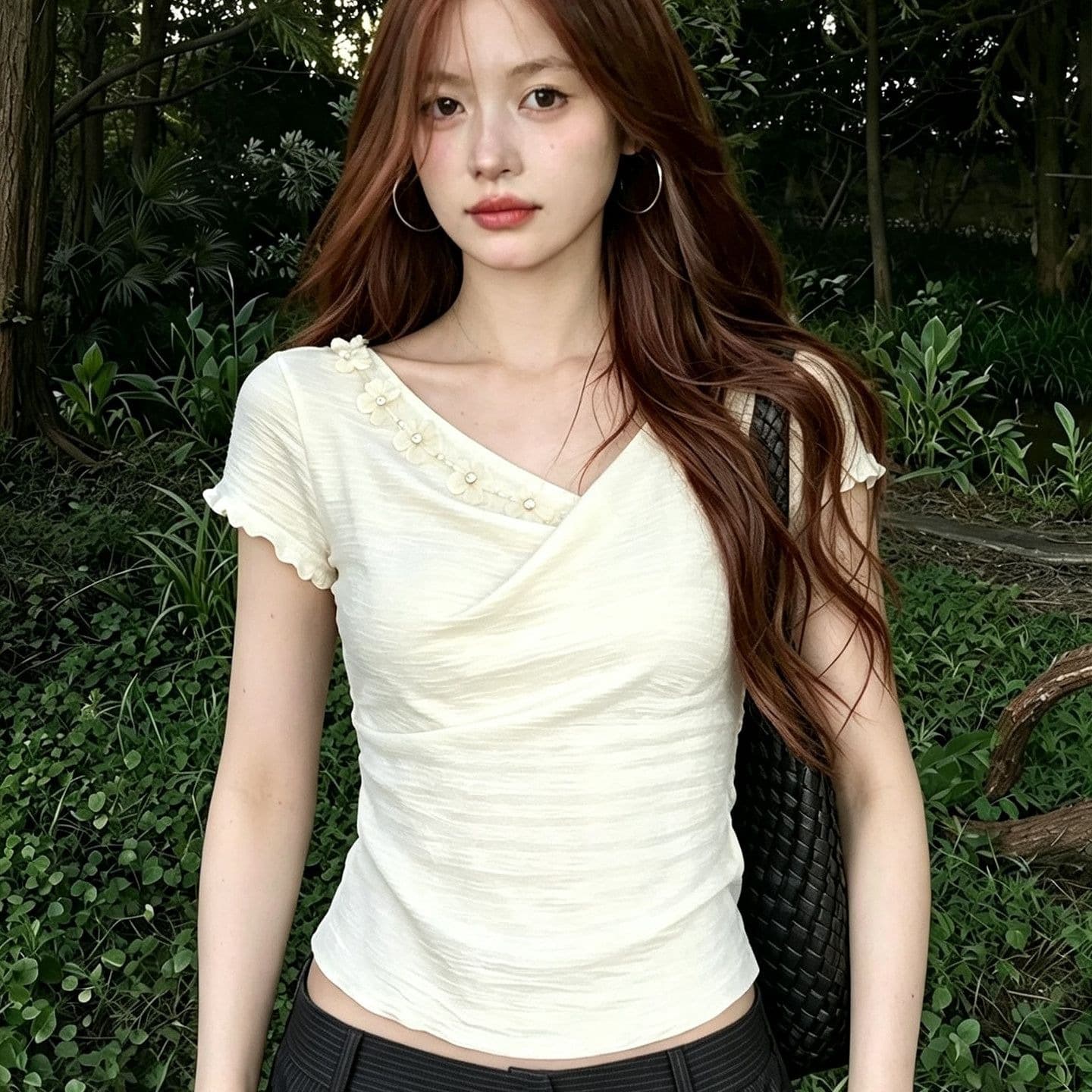 훌륭함 수 있습니다. 실크 대나무 마디 48 면 52 접착제 절묘한 아름다운 여성 V넥 꽃 반팔 다용도 연령 감소 맨위 이미지 5