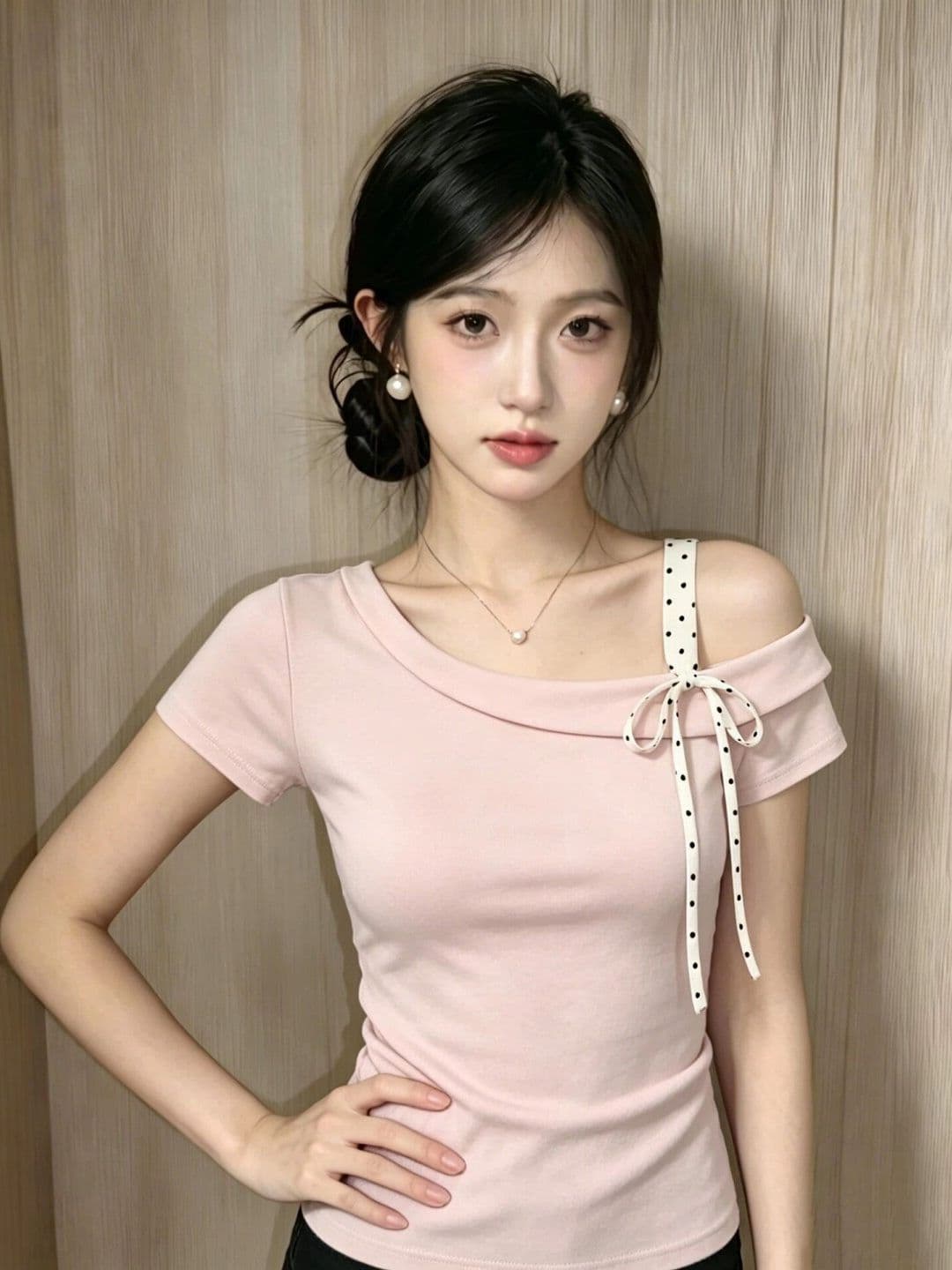 경관 그림 40 순면 평직 핑크색 나비 넥타이 비스듬한 어깨 반팔 티셔츠 몸매 가꾸기 허리 수축 자이언트 잘 생긴 상세 이미지 1