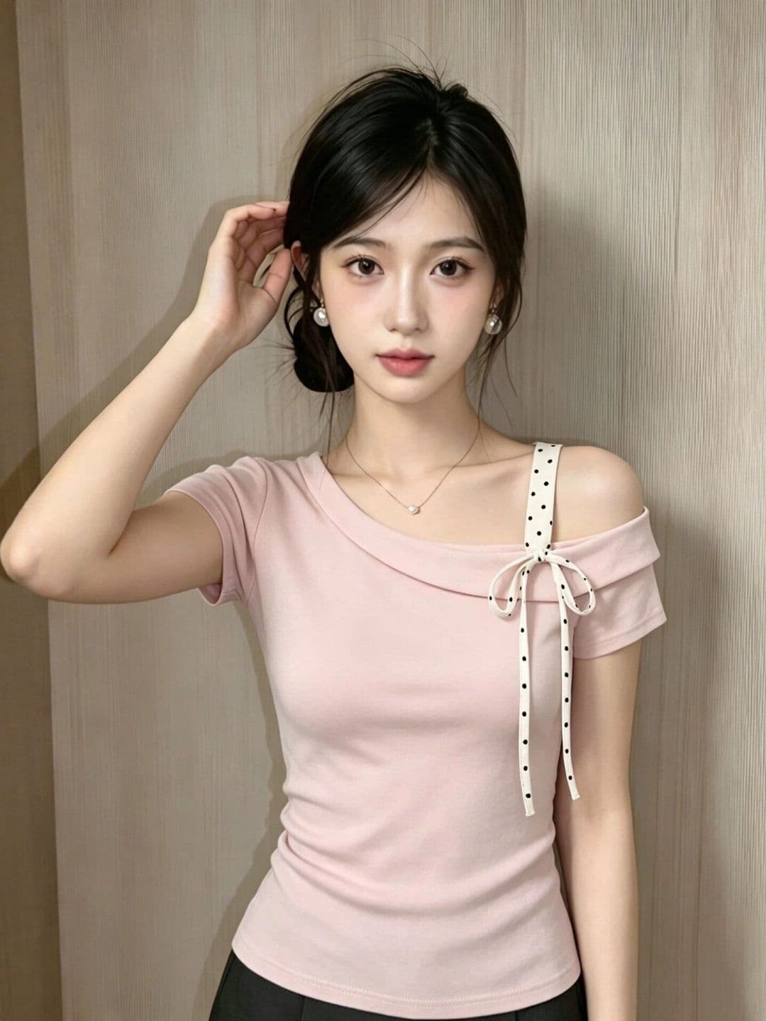 경관 그림 40 순면 평직 핑크색 나비 넥타이 비스듬한 어깨 반팔 티셔츠 몸매 가꾸기 허리 수축 자이언트 잘 생긴 상세 이미지 4