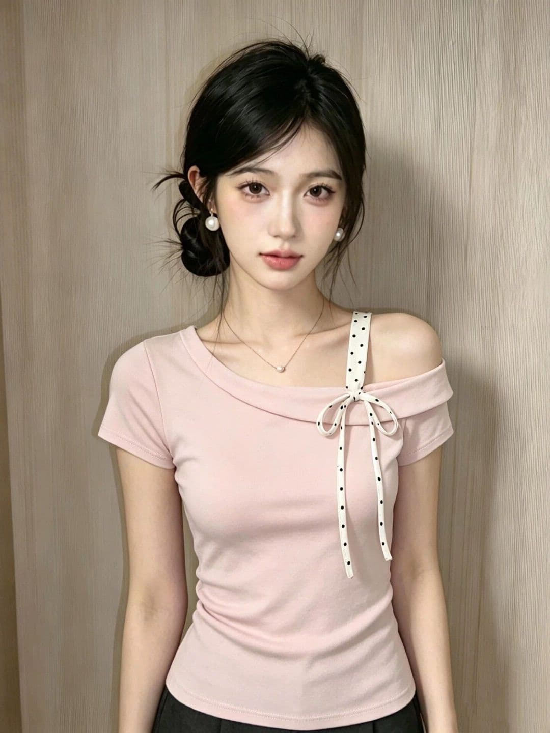 경관 그림 40 순면 평직 핑크색 나비 넥타이 비스듬한 어깨 반팔 티셔츠 몸매 가꾸기 허리 수축 자이언트 잘 생긴 상세 이미지 5