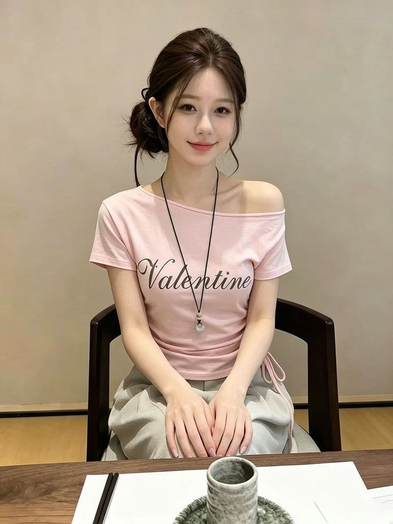 경관 그림 40 순면 비행기 여름 비스듬한 어깨 반팔 한 부서 허리 수축 슬림해 보이는 디자인 센스 오프숄더 맨위 이미지 2