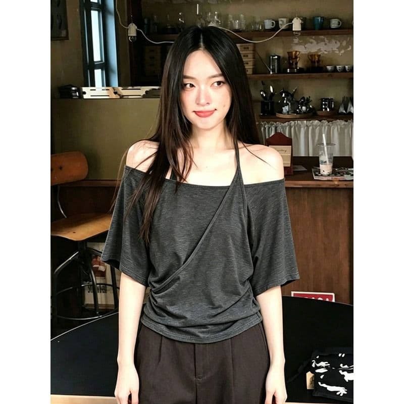 원본 품질 핫걸 바람 행침 목 오프숄더 페이크 레이어드 티셔츠 여성 여름 슬림해 보이는 허리 수축 반팔 맨위 이미지 2